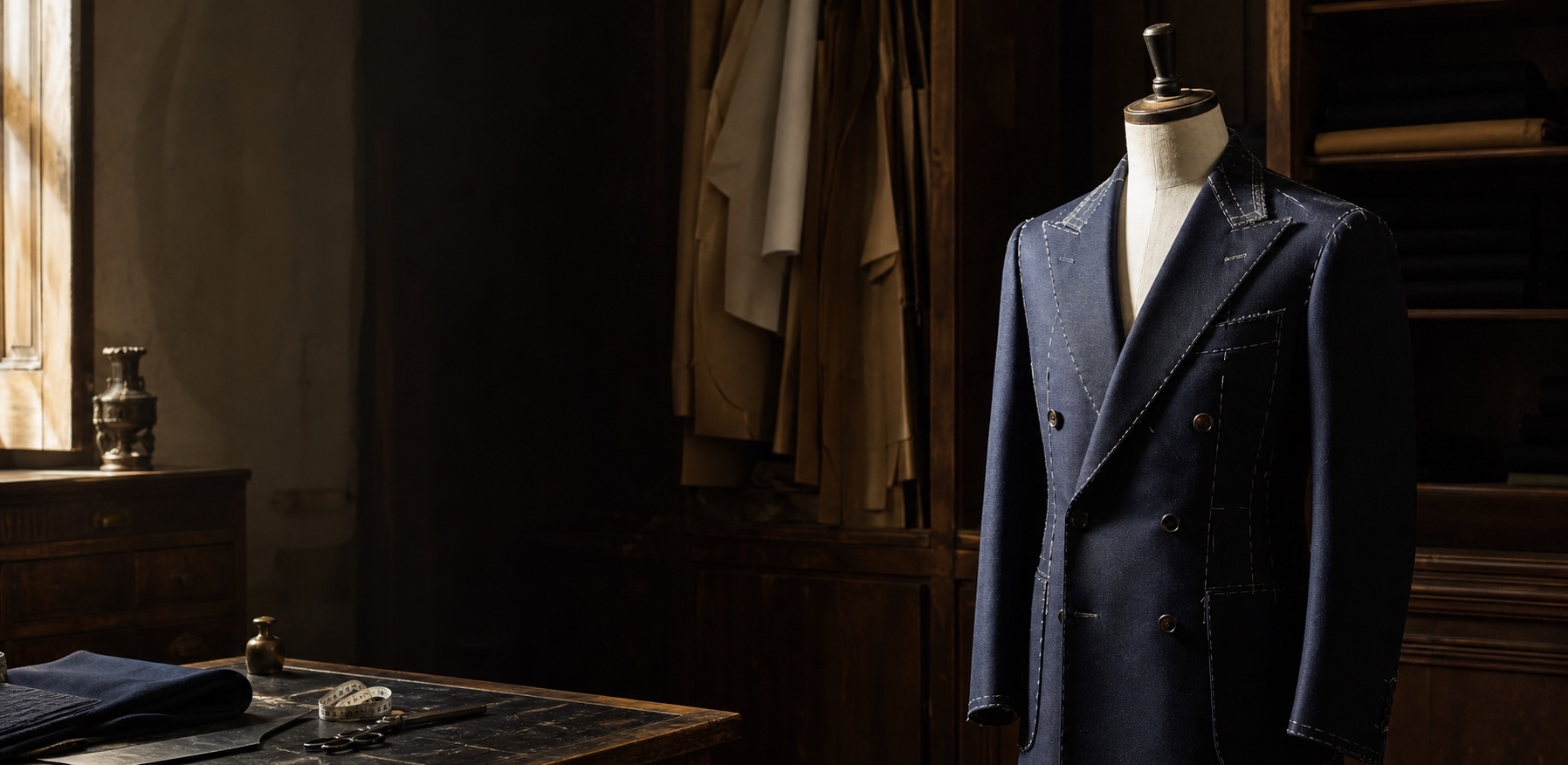 A navy jacket in a traditional tailoring room